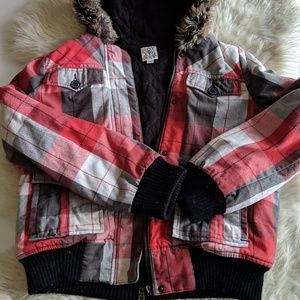 Plaid Roxy Coat Faux Fur Hood
